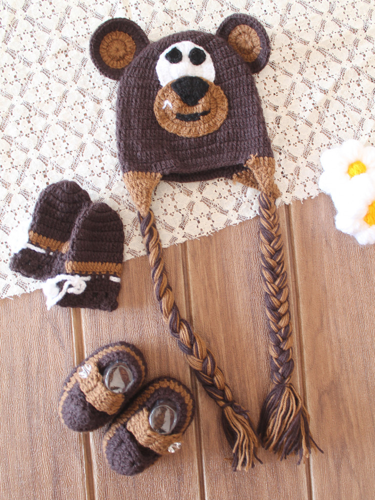 Image of Woonie Crochet Bear Theme Cap Matching Mittens and Socks Set - Brown