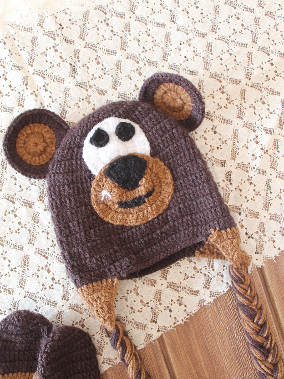 Woonie Crochet Bear Theme Cap Matching Mittens and Socks Set - Brown