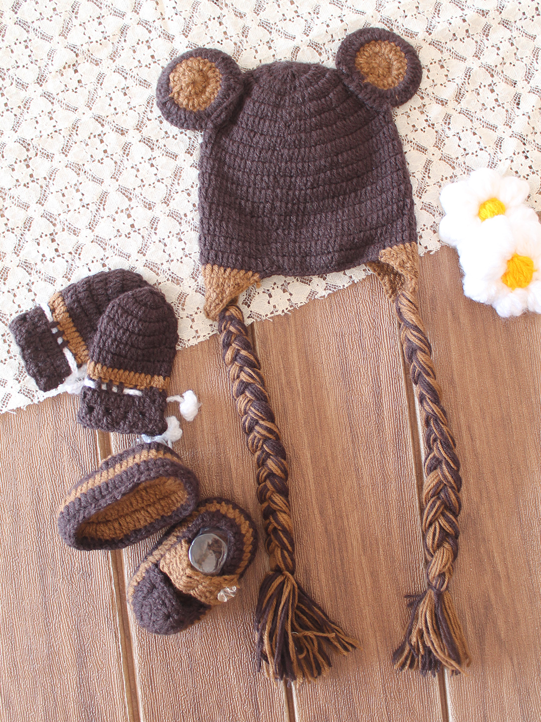 Woonie Crochet Bear Theme Cap Matching Mittens and Socks Set - Brown