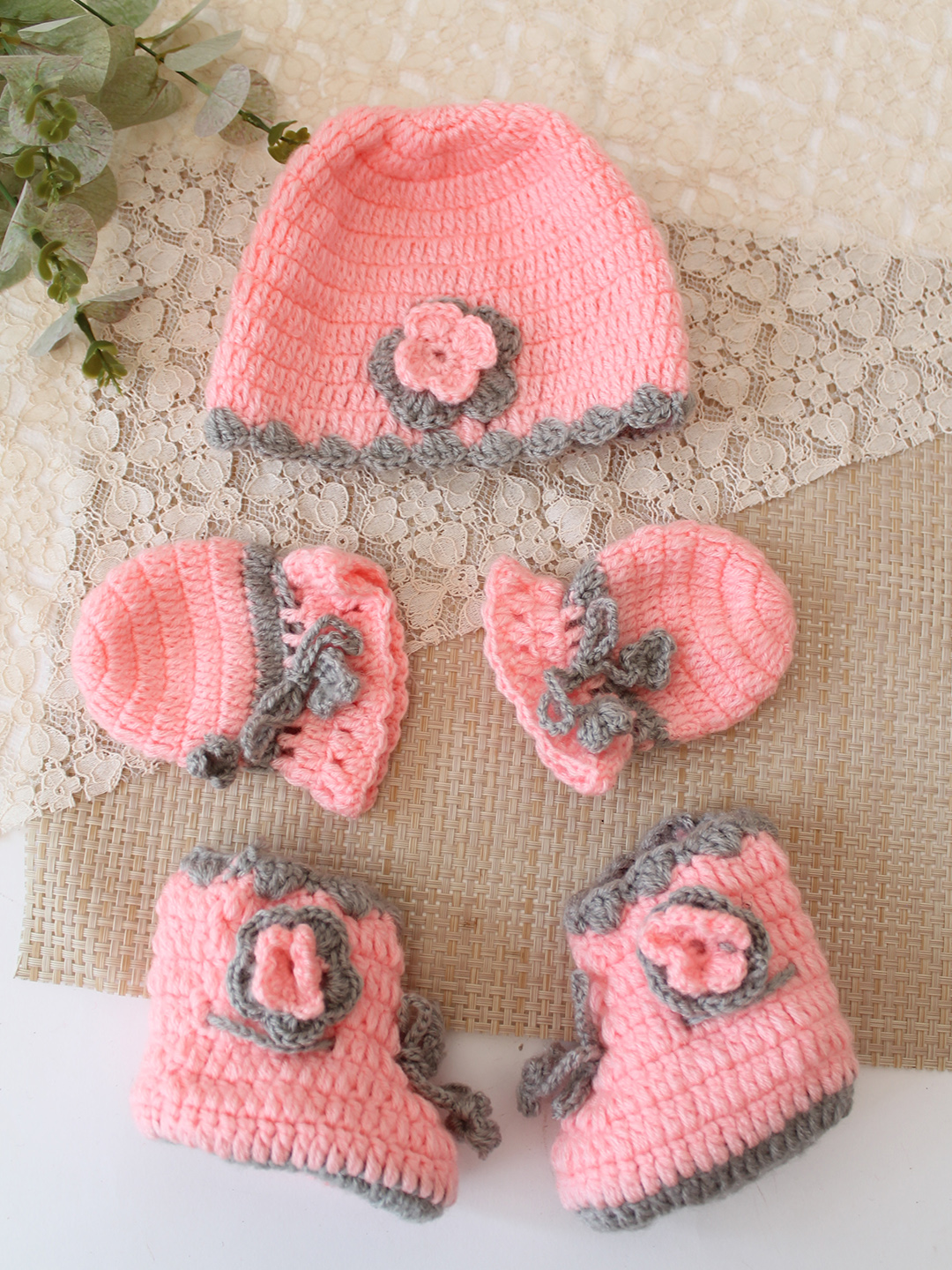 Woonie Crochet Floral Applique Cap Matching Mittens and Socks Set - Peach
