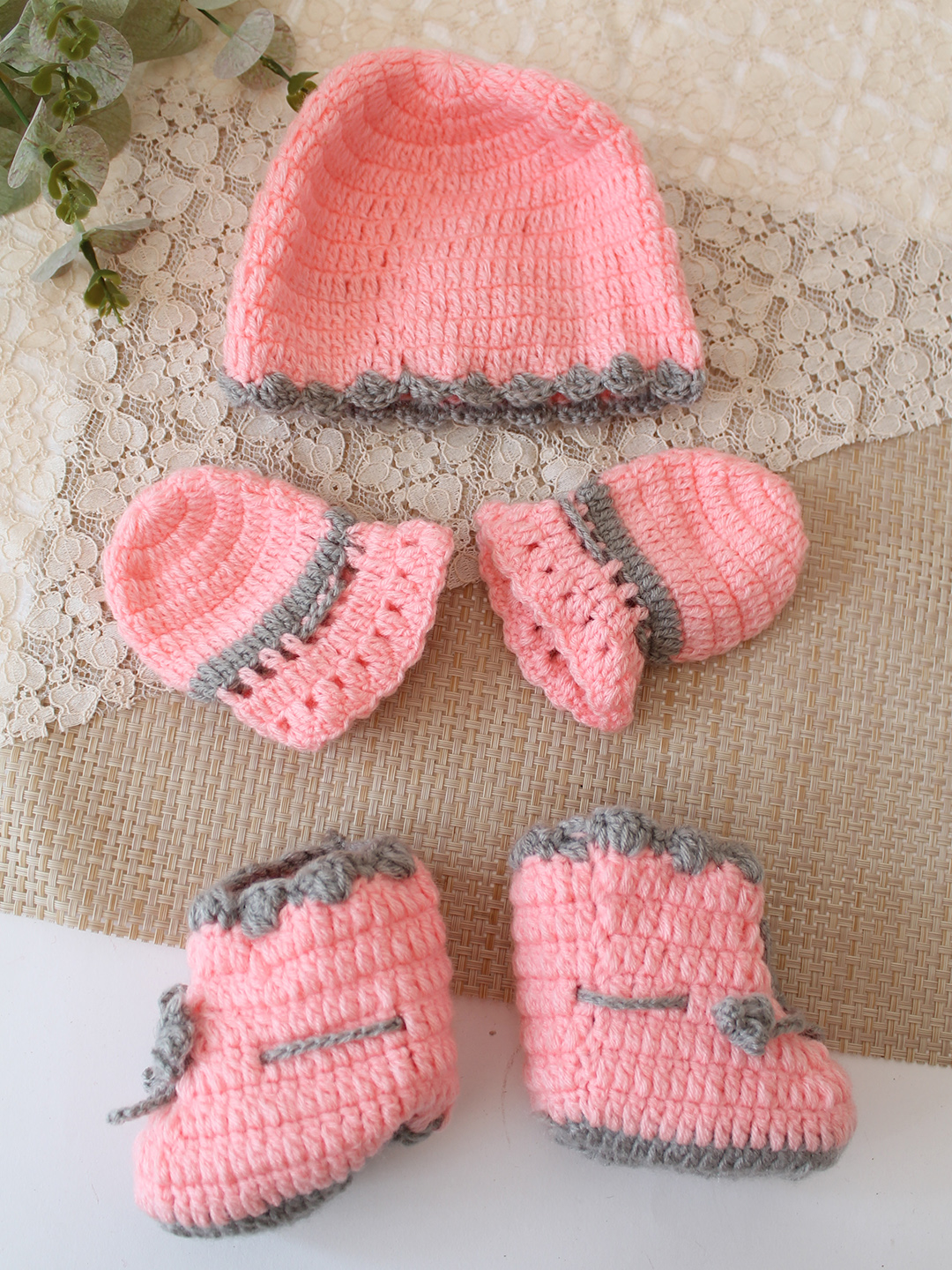 Woonie Crochet Floral Applique Cap Matching Mittens and Socks Set - Peach