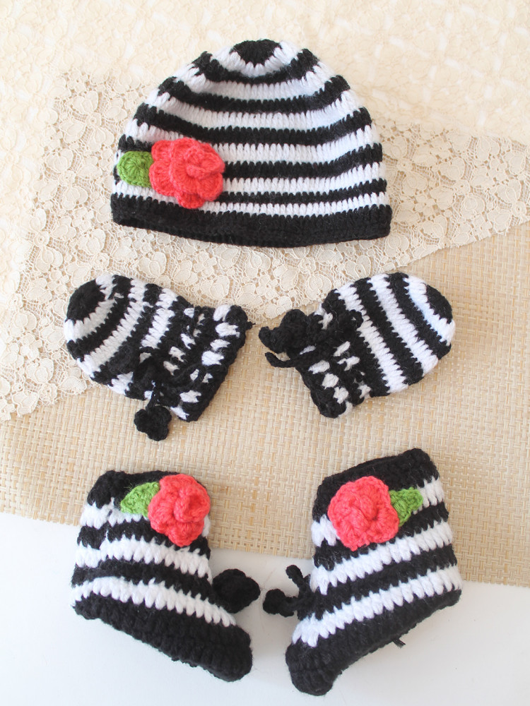 Image of Woonie Crochet Striped &amp; Floral Applique Cap Matching Mittens and Socks Set - Black