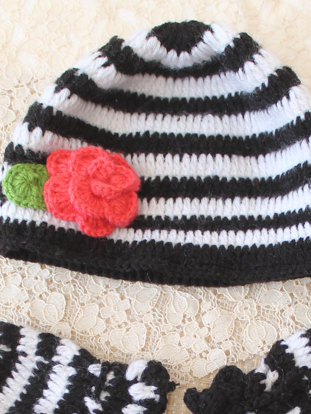 Woonie Crochet Striped & Floral Applique Cap Matching Mittens and Socks Set - Black