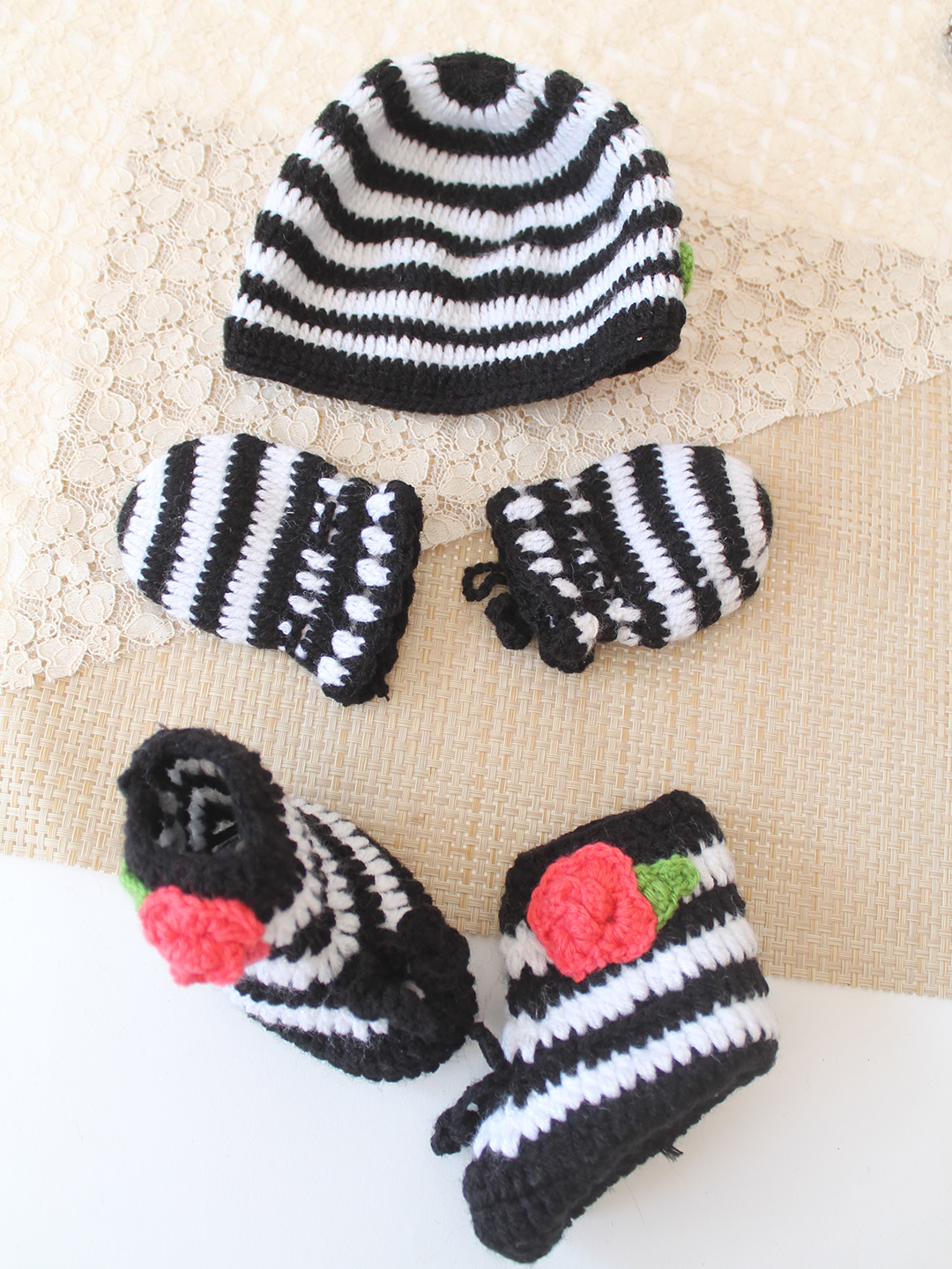 Woonie Crochet Striped & Floral Applique Cap Matching Mittens and Socks Set - Black