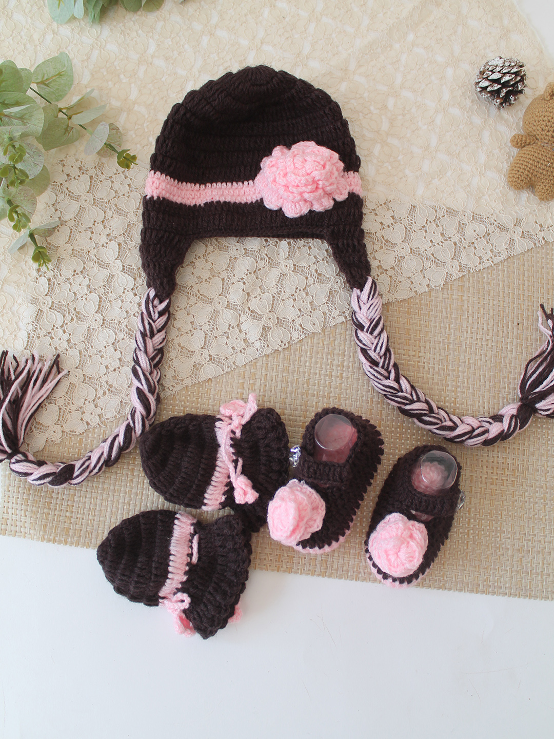 Woonie Crochet Floral Applique Cap Matching Mittens and Socks Set - Brown