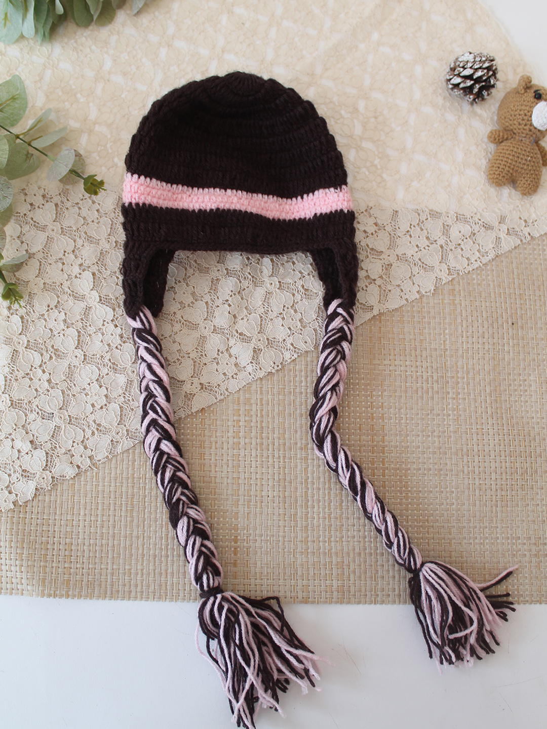 Woonie Crochet Floral Applique Cap Matching Mittens and Socks Set - Brown