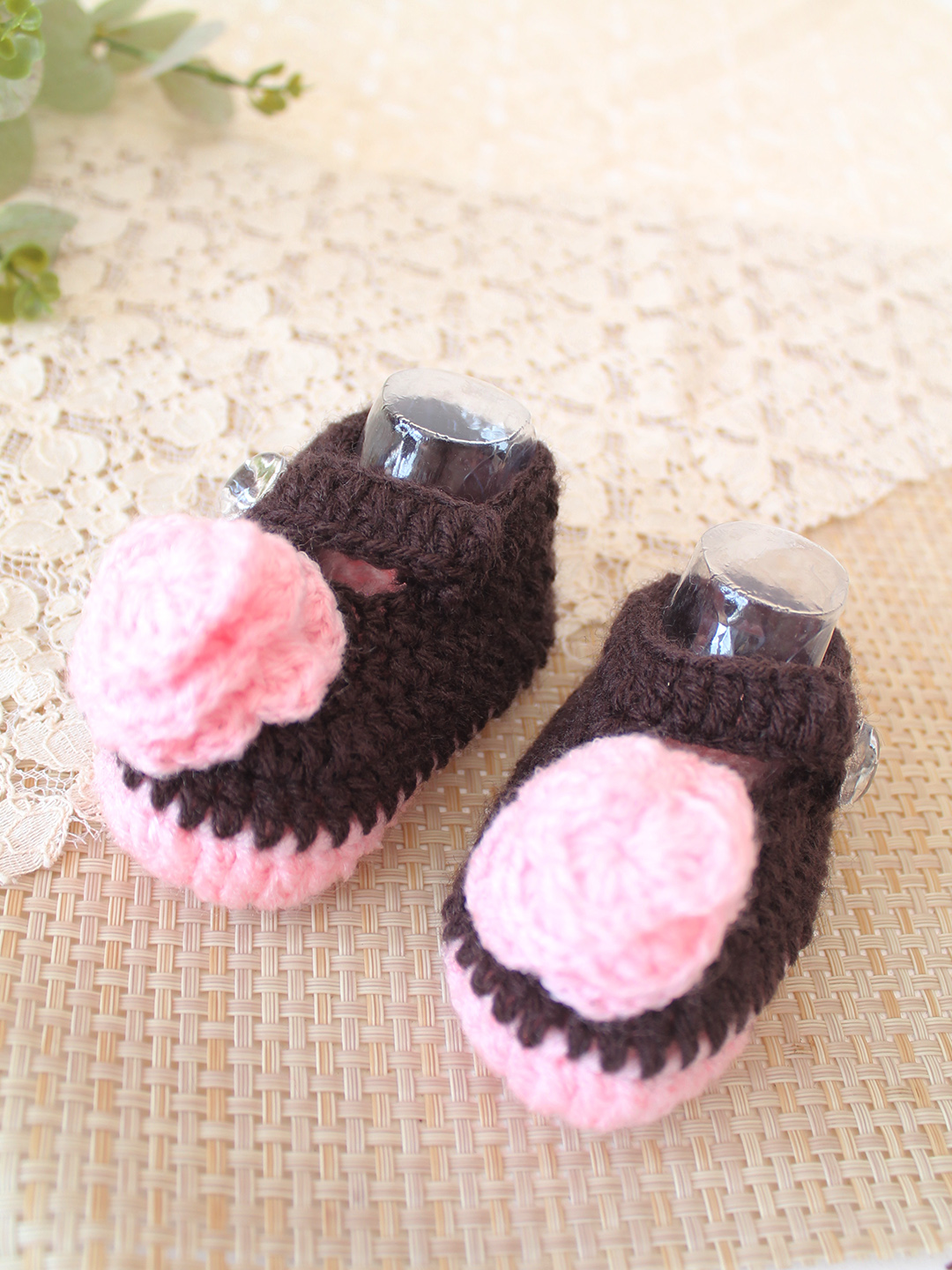 Woonie Crochet Floral Applique Cap Matching Mittens and Socks Set - Brown