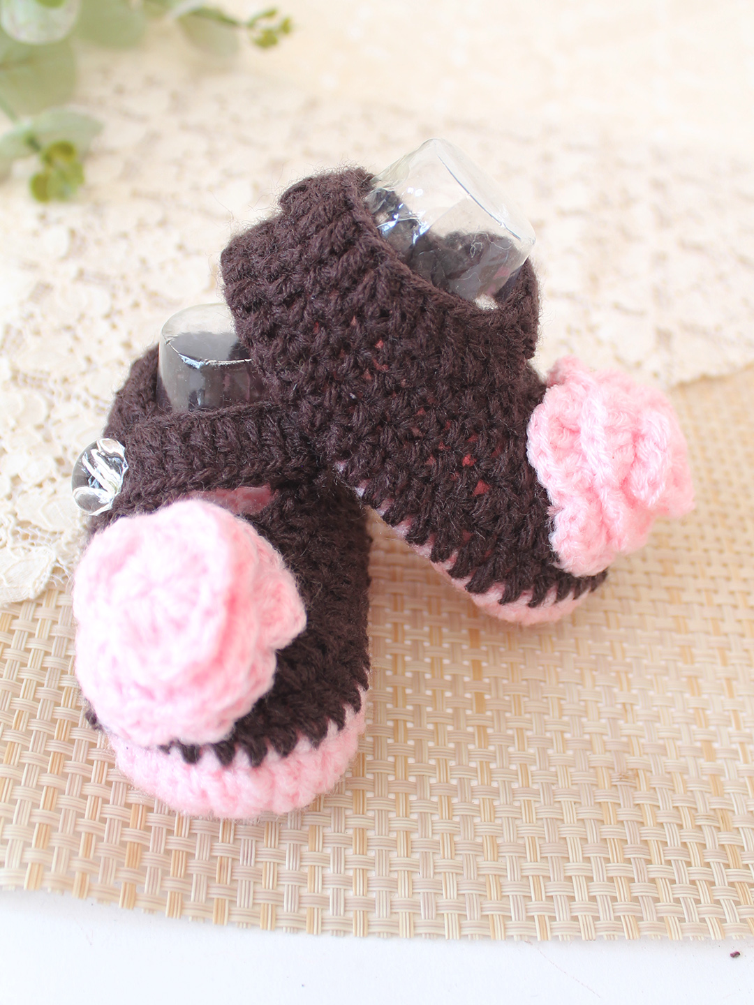 Woonie Crochet Floral Applique Cap Matching Mittens and Socks Set - Brown