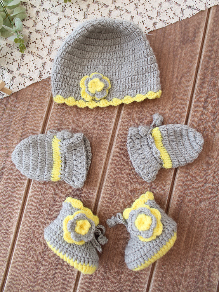 Image of Woonie Crochet Floral Applique Cap Matching Mittens and Socks Set - Light Grey