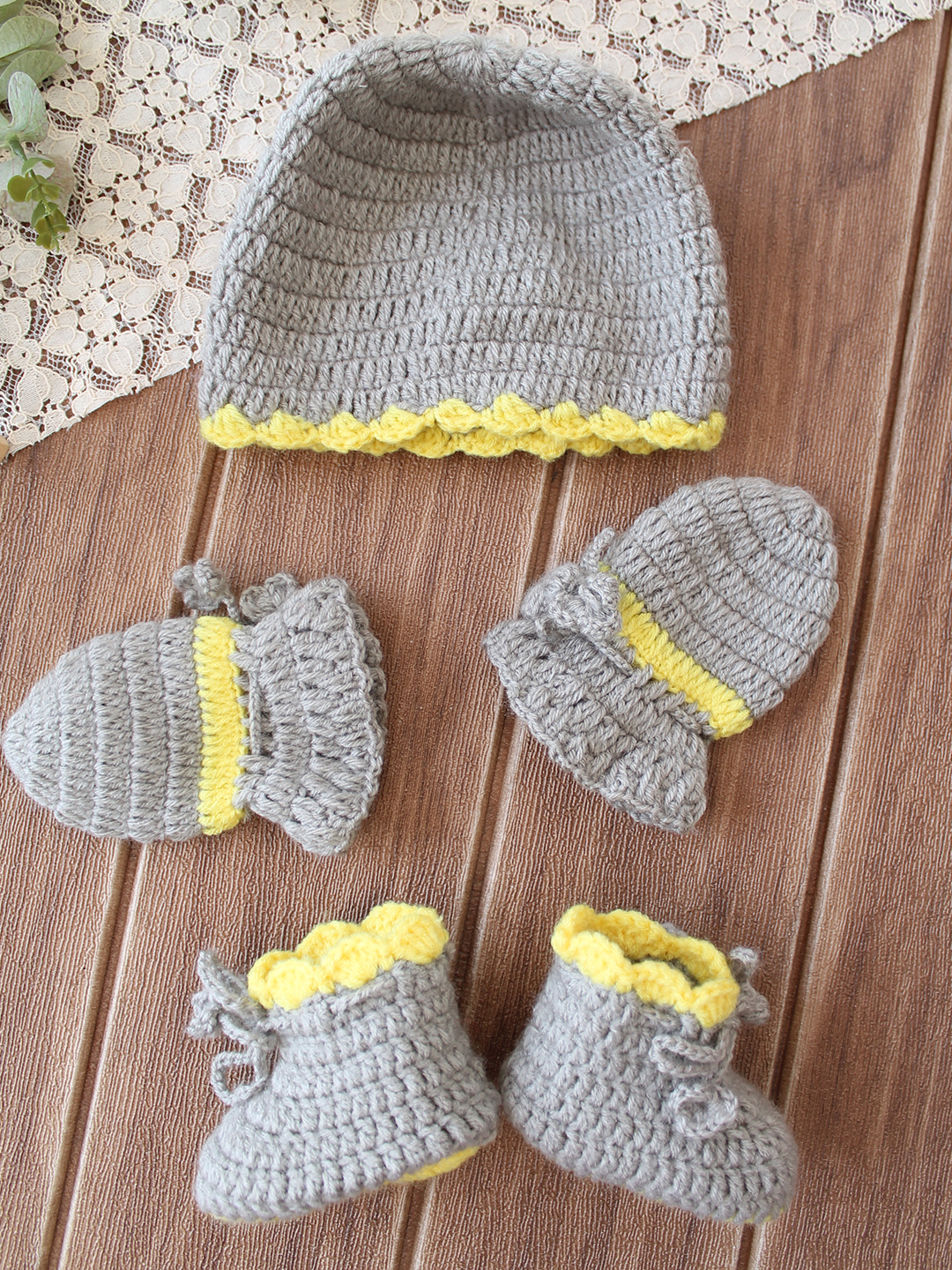 Woonie Crochet Floral Applique Cap Matching Mittens and Socks Set - Light Grey