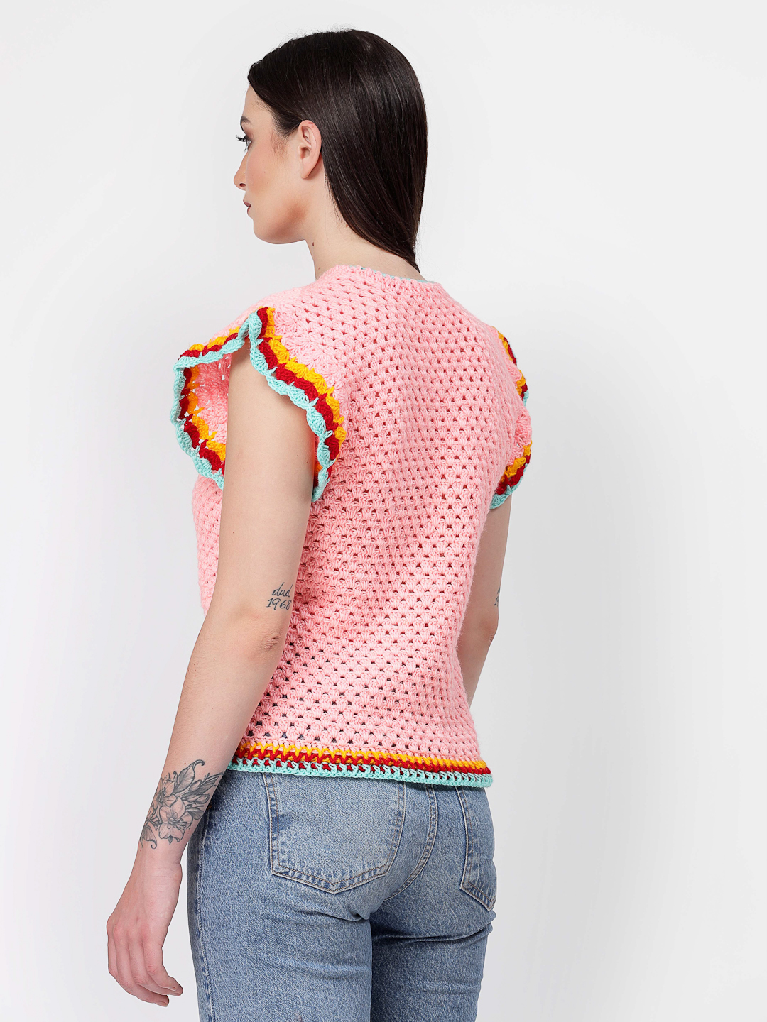 Handmade Winter Sweater for Women with Flutter Sleeves -Peach