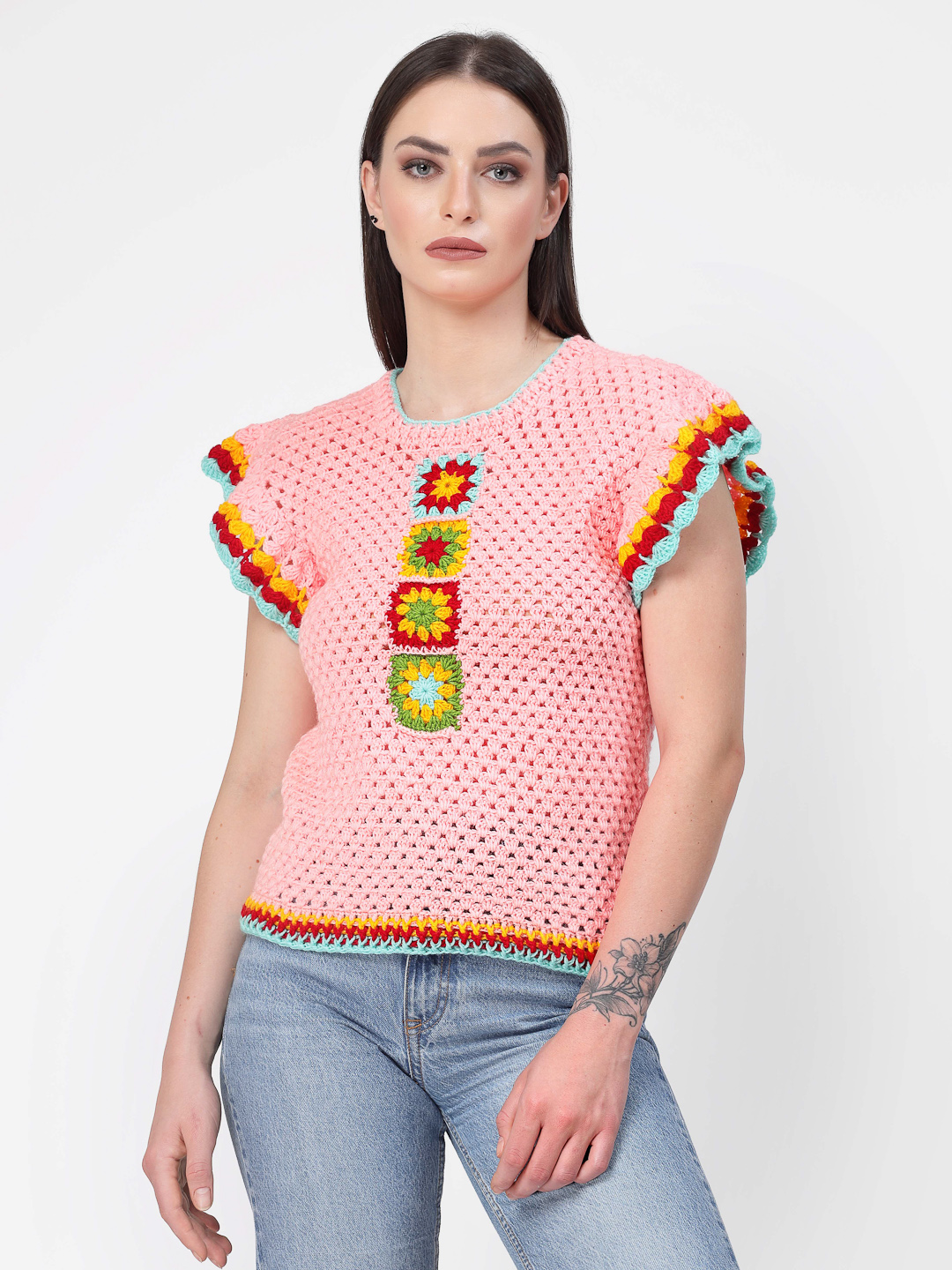 Handmade Winter Sweater for Women with Flutter Sleeves -Peach