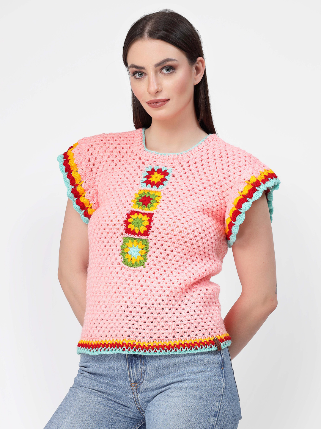 Handmade Winter Sweater for Women with Flutter Sleeves -Peach