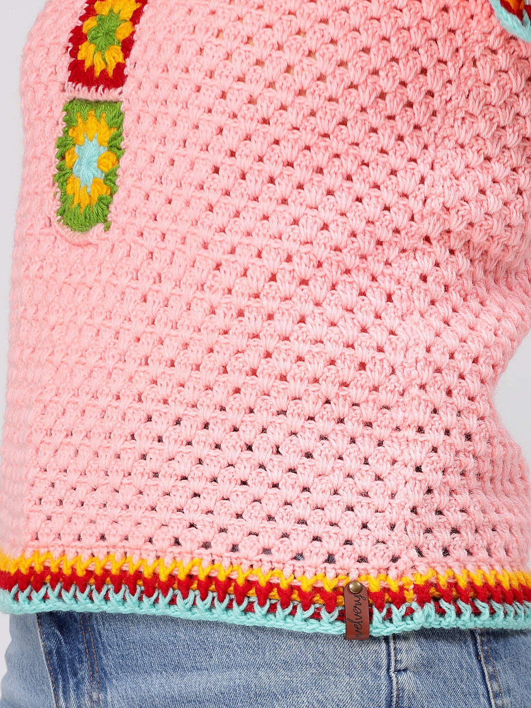 Handmade Winter Sweater for Women with Flutter Sleeves -Peach