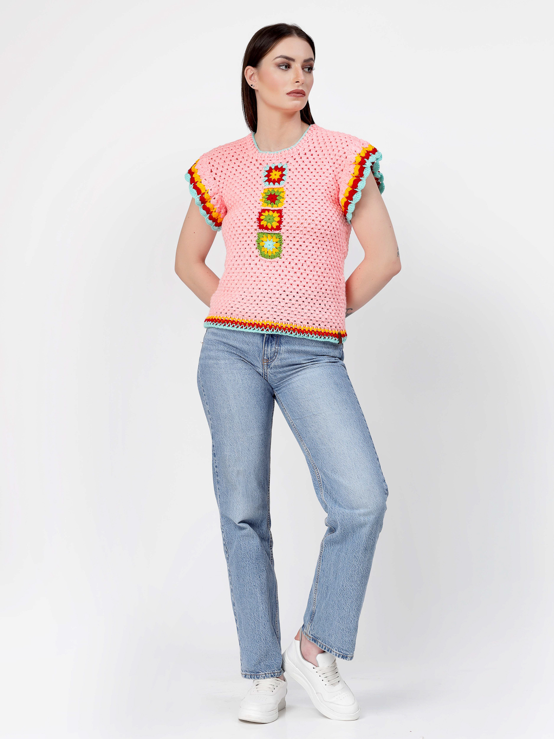 Handmade Winter Sweater for Women with Flutter Sleeves -Peach