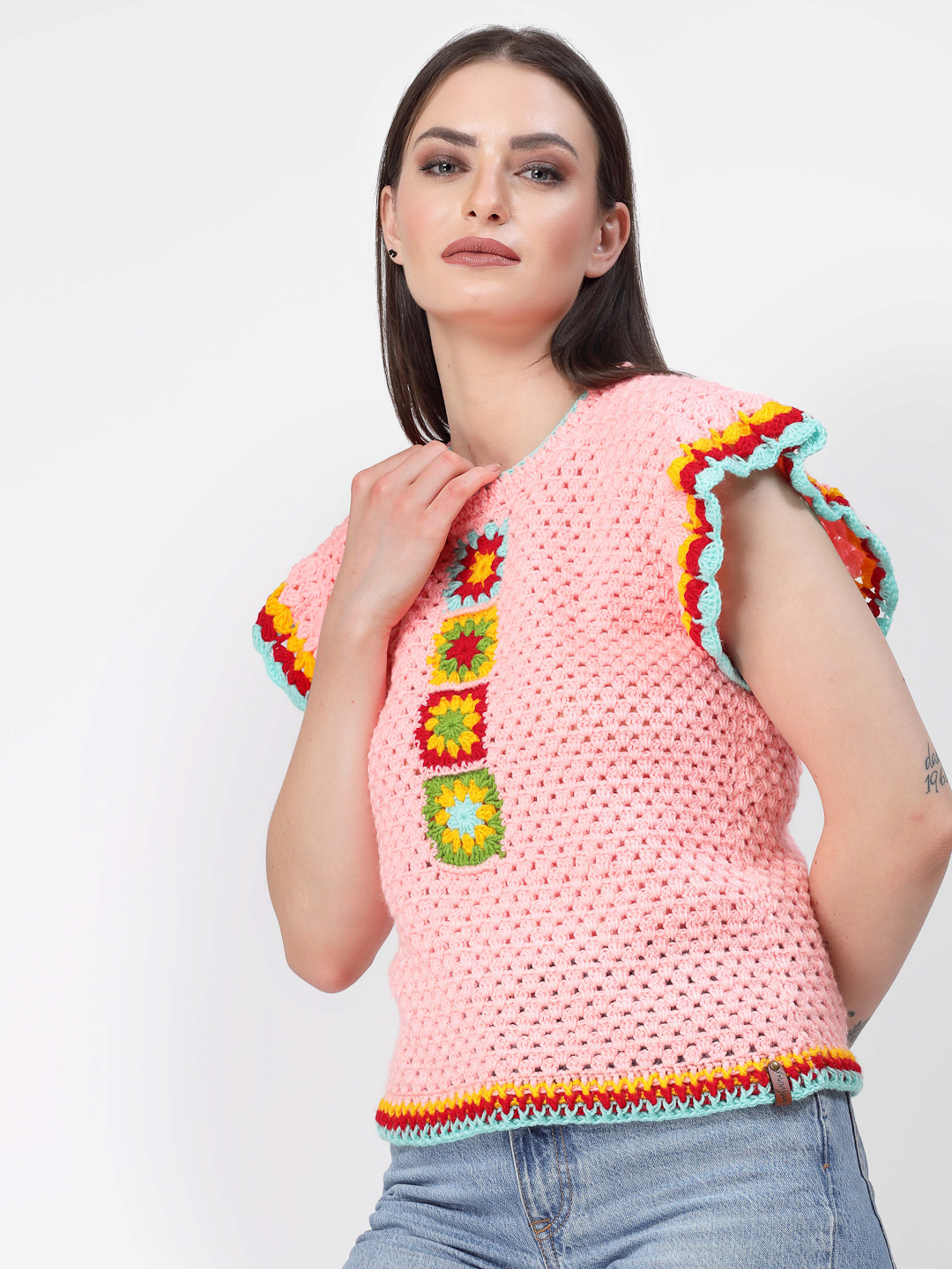 Handmade Winter Sweater for Women with Flutter Sleeves -Peach