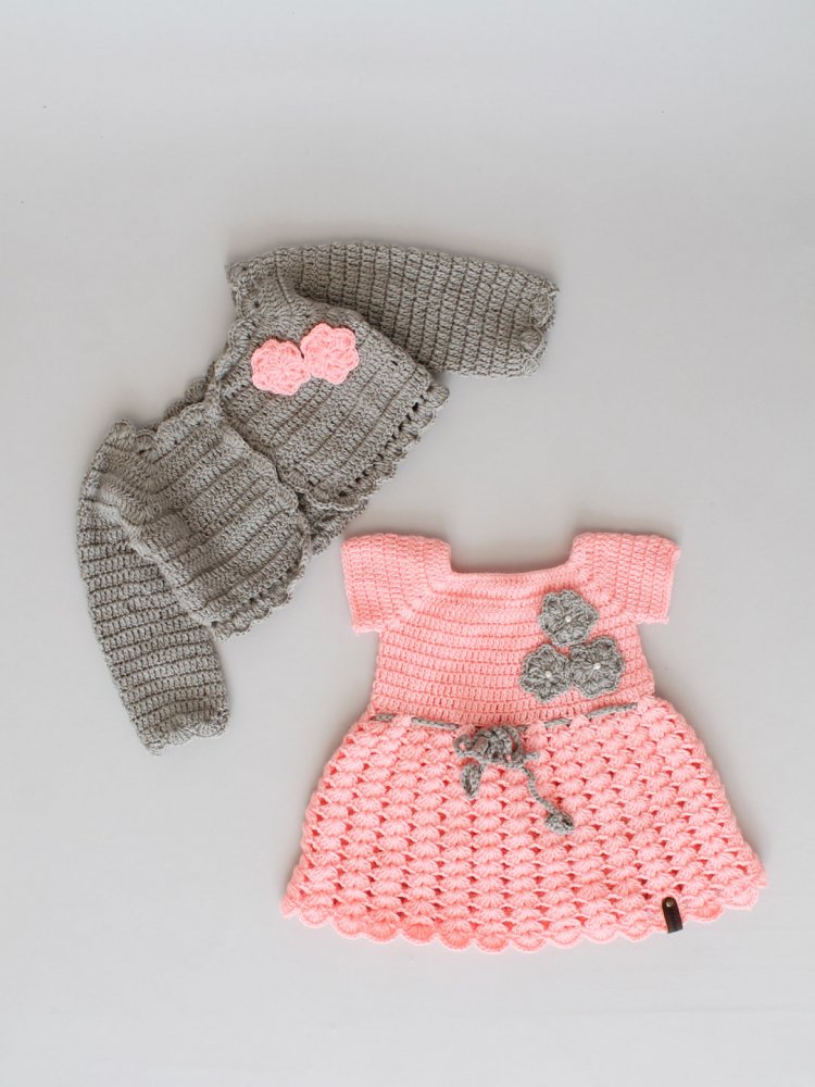 Image of Crochet Baby Woollen Dress with Shrug - Peach
