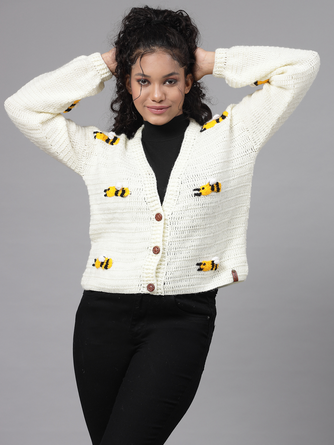 Crochet Bee Design Woolen Sweater for Women - Cream