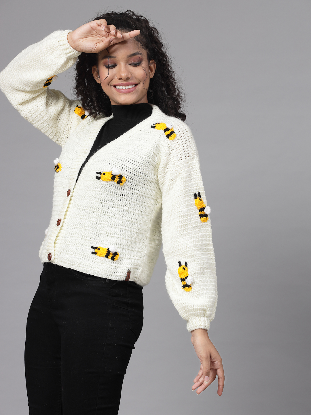 Crochet Bee Design Woolen Sweater for Women - Cream
