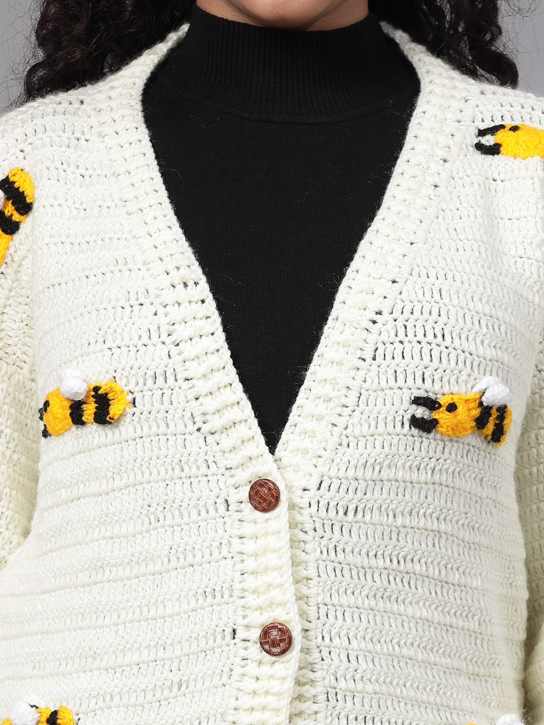 Crochet Bee Design Woolen Sweater for Women - Cream