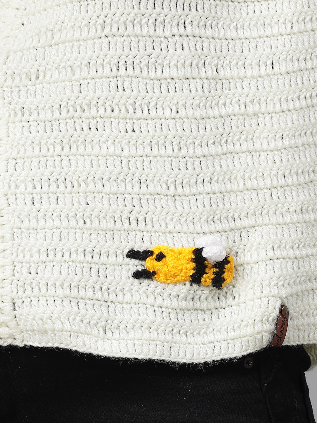 Crochet Bee Design Woolen Sweater for Women - Cream