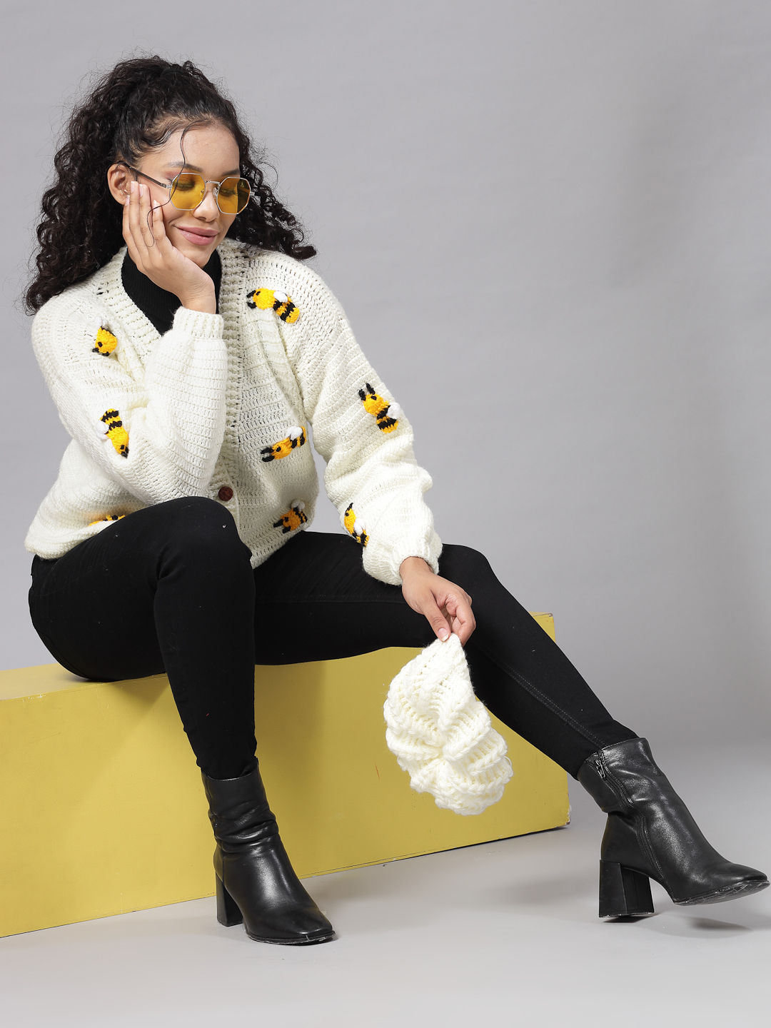 Crochet Bee Design Woolen Sweater for Women - Cream