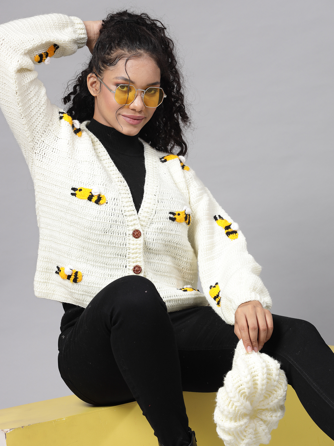 Crochet Bee Design Woolen Sweater for Women - Cream