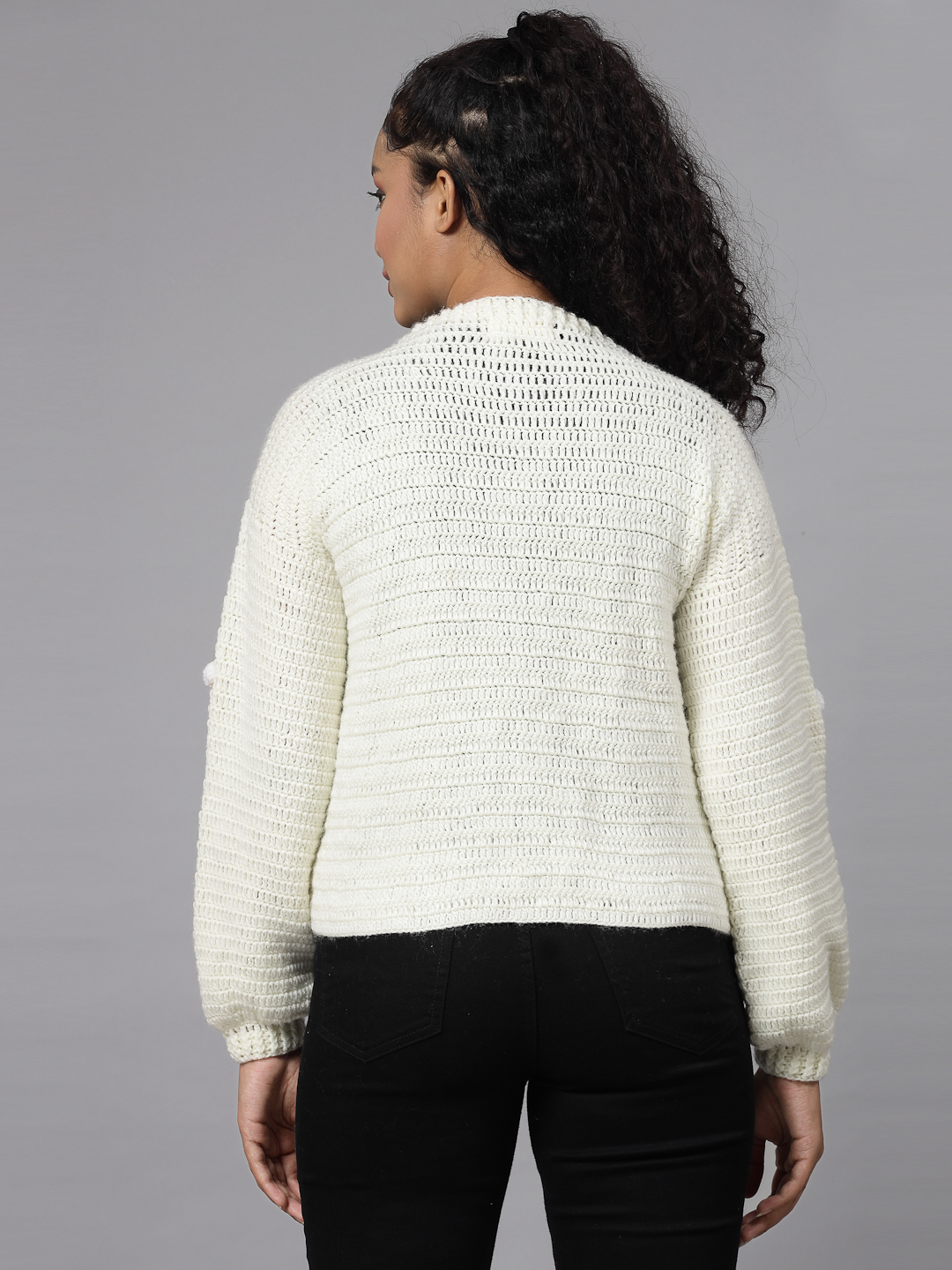 Crochet Bee Design Woolen Sweater for Women - Cream