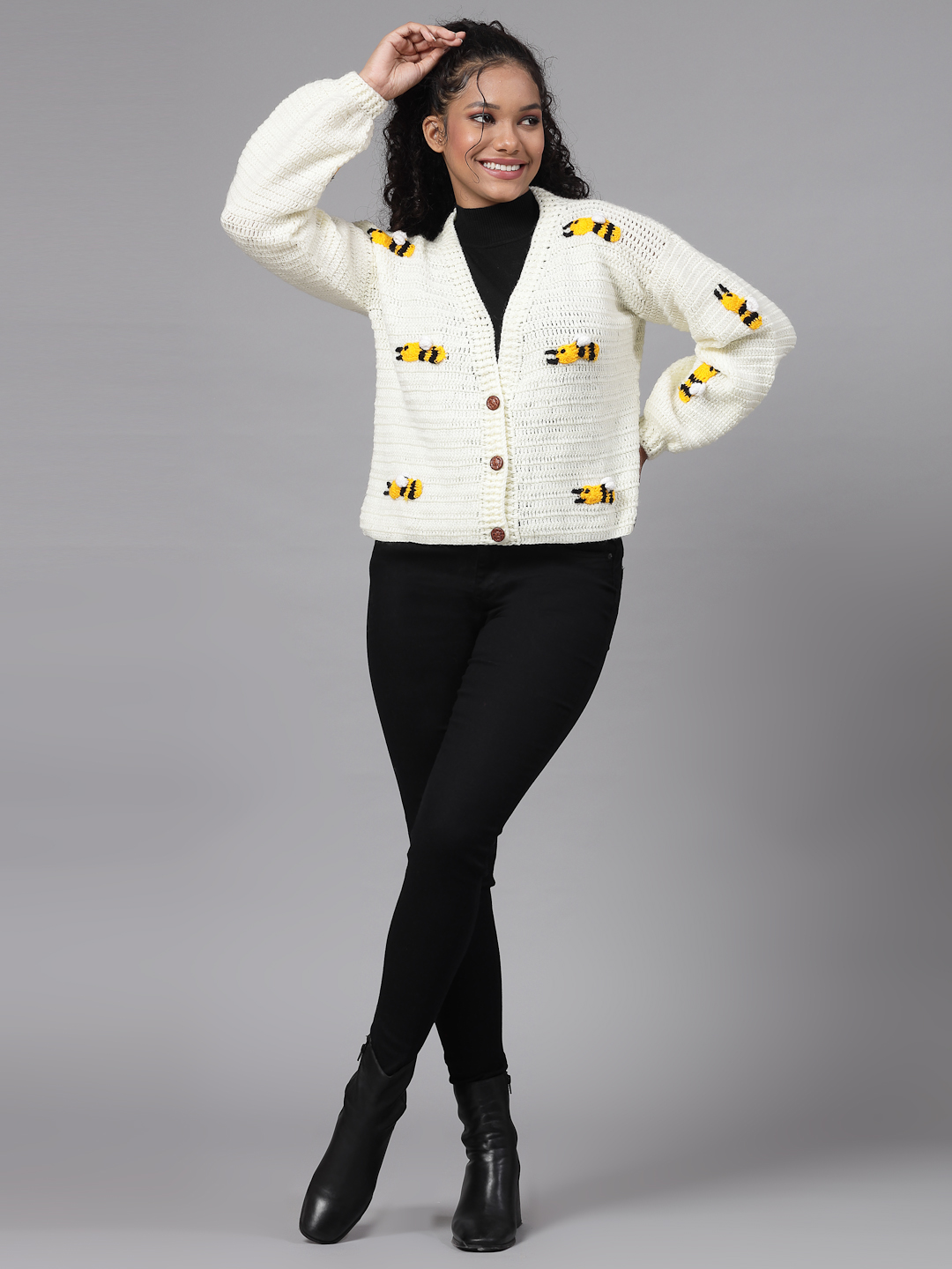 Crochet Bee Design Woolen Sweater for Women - Cream