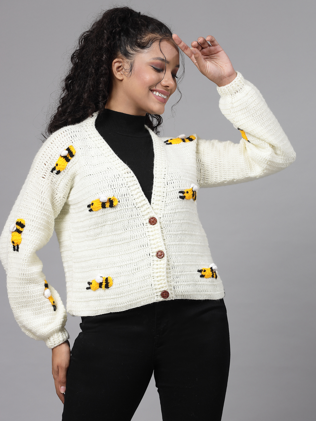 Crochet Bee Design Woolen Sweater for Women - Cream