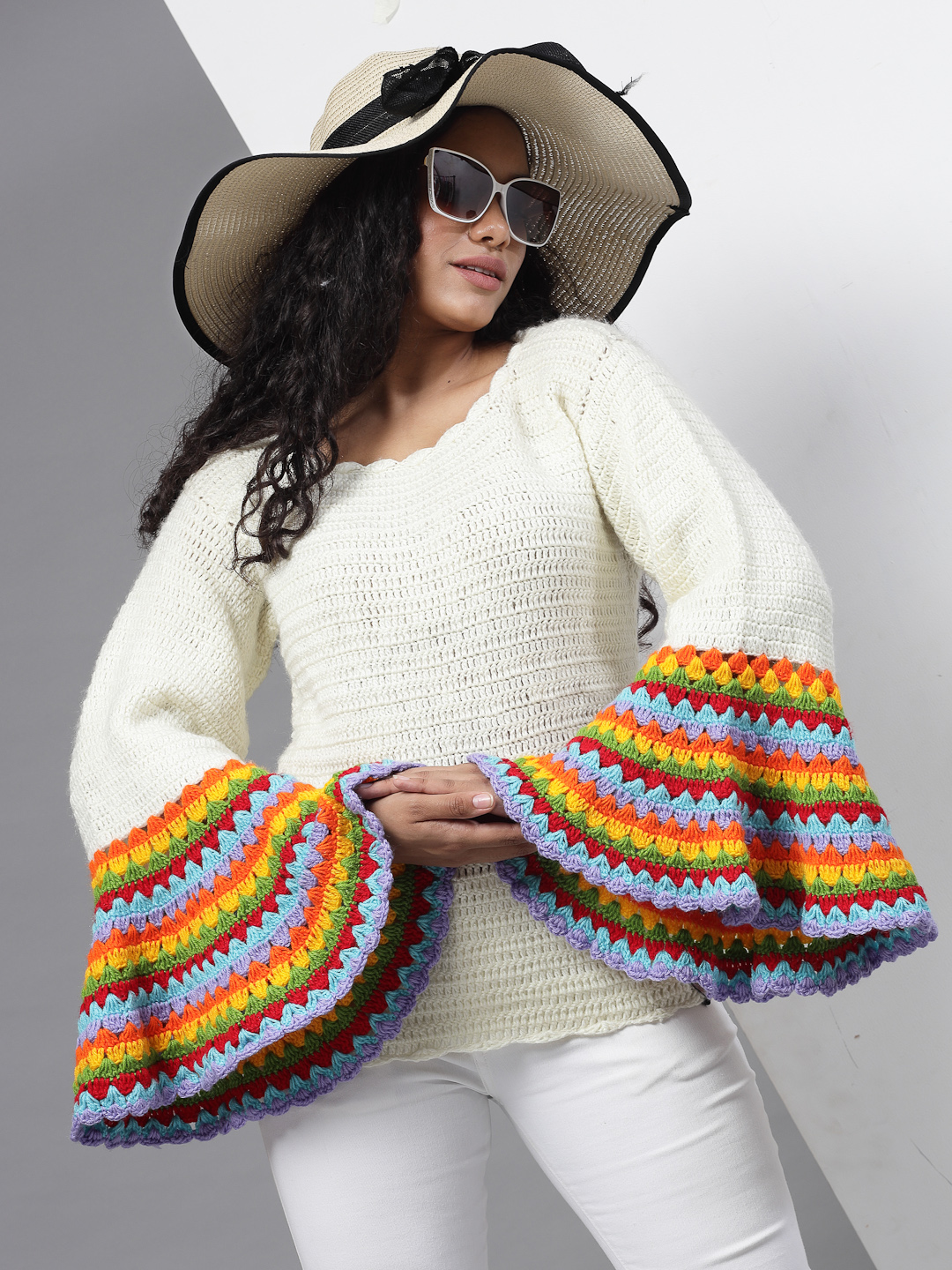 Crochet Bell Sleeves Designer Pullover for Women - Cream