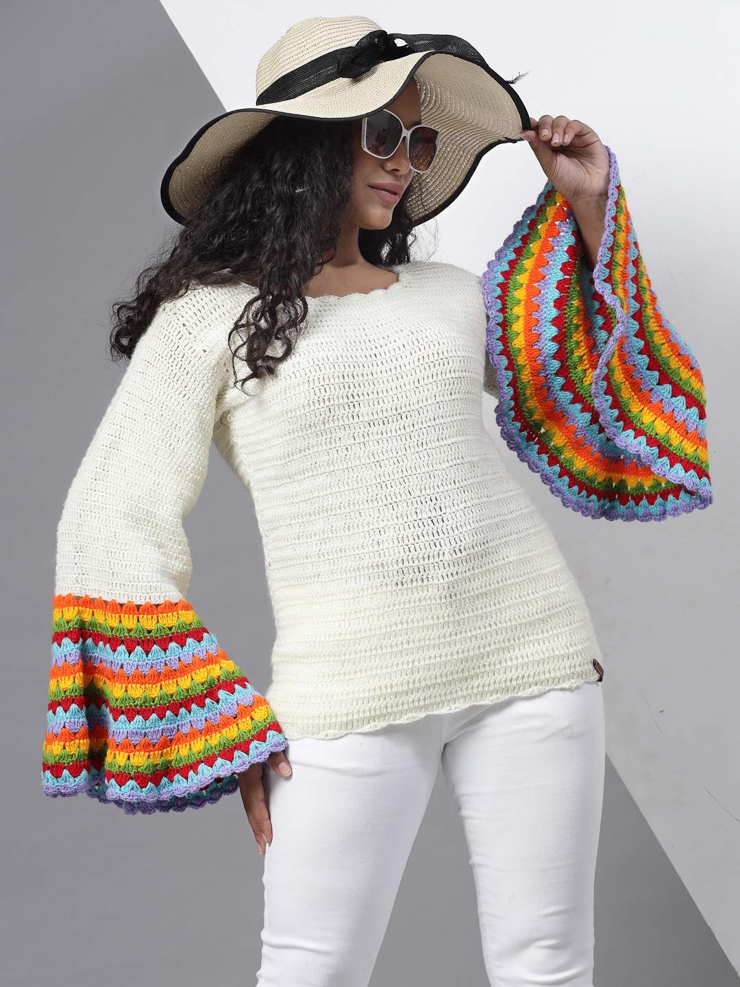 Crochet Bell Sleeves Designer Pullover for Women - Cream