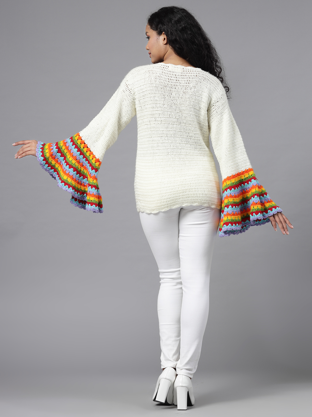 Crochet Bell Sleeves Designer Pullover for Women - Cream