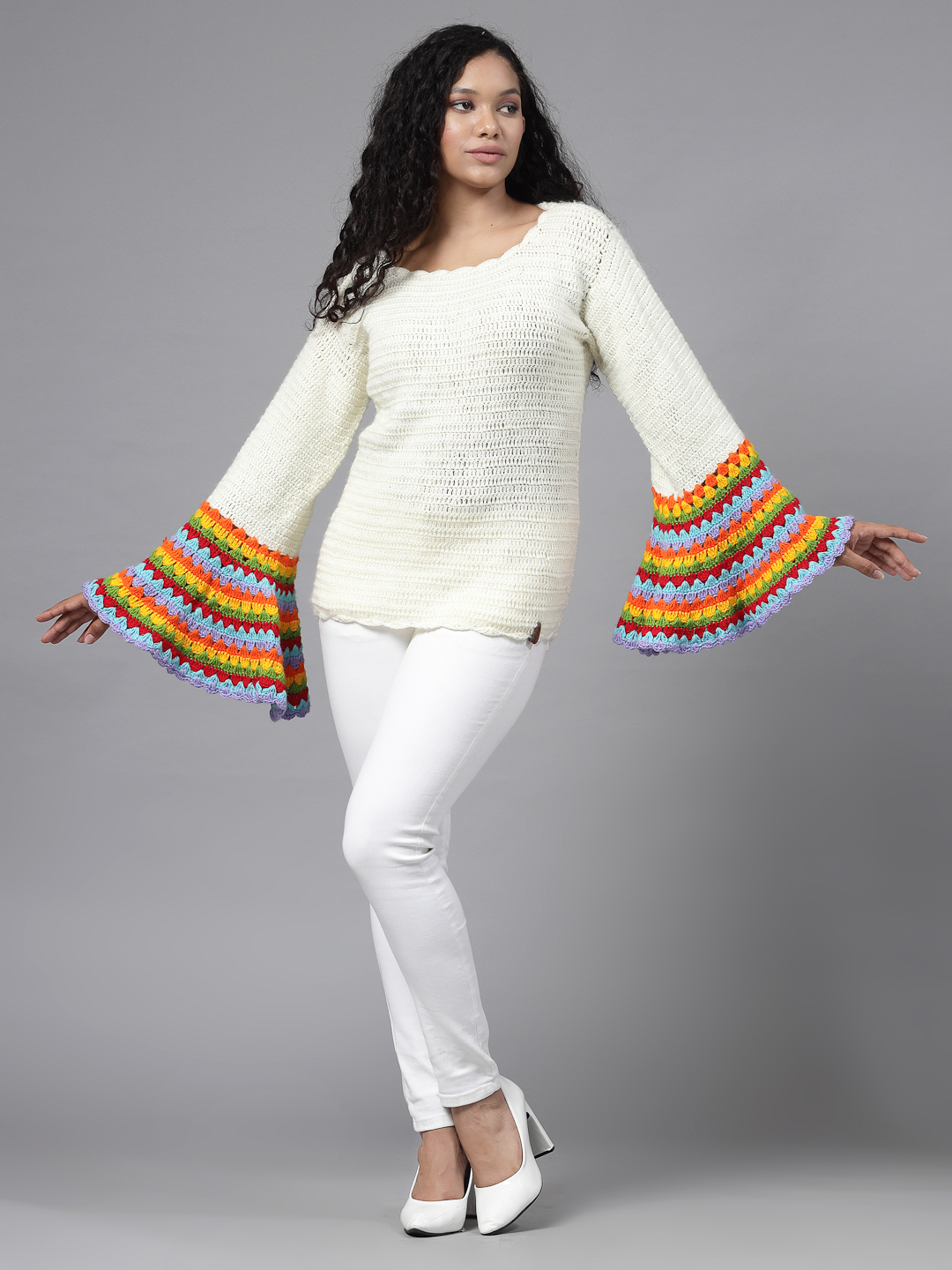 Crochet Bell Sleeves Designer Pullover for Women - Cream
