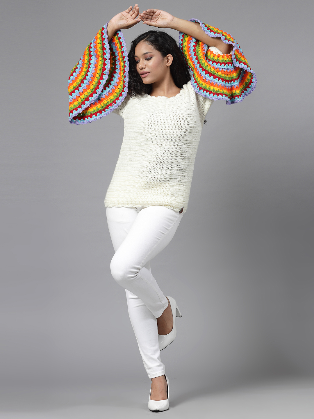 Crochet Bell Sleeves Designer Pullover for Women - Cream