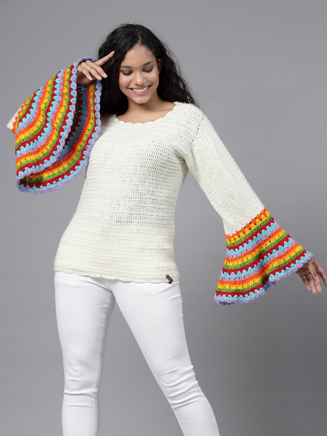 Crochet Bell Sleeves Designer Pullover for Women - Cream