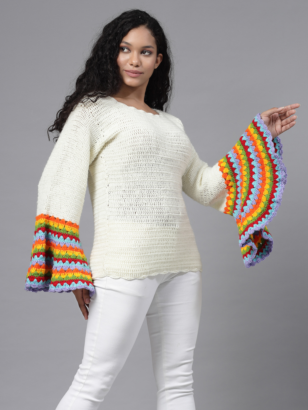 Crochet Bell Sleeves Designer Pullover for Women - Cream