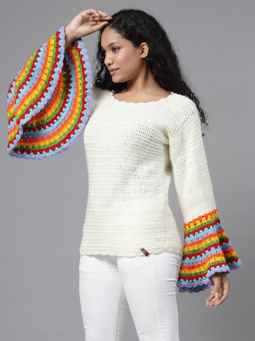 Crochet Bell Sleeves Designer Pullover for Women - Cream