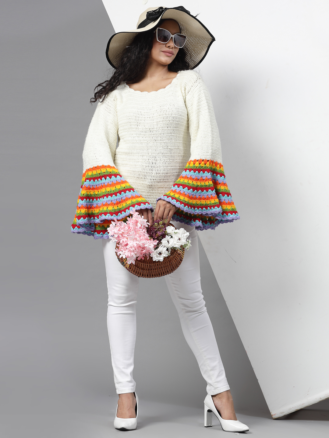 Crochet Bell Sleeves Designer Pullover for Women - Cream