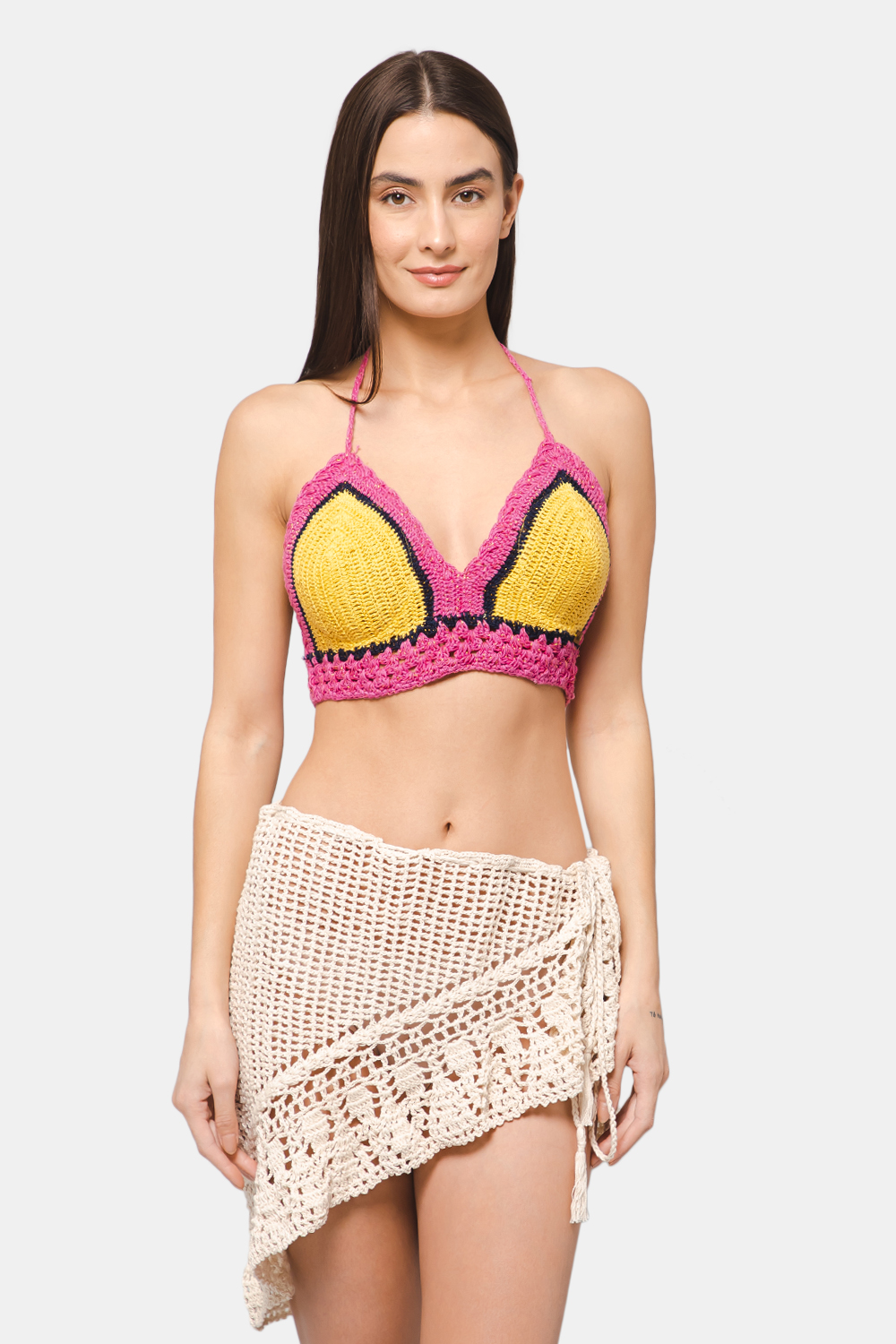 Handmade Crochet Halterneck Beachwear Lingerie-Yellow &Pink