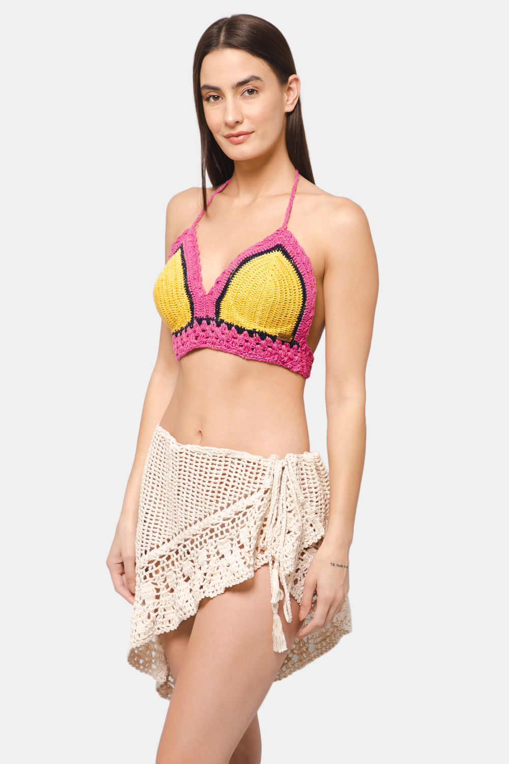 Handmade Crochet Halterneck Beachwear Lingerie-Yellow &Pink