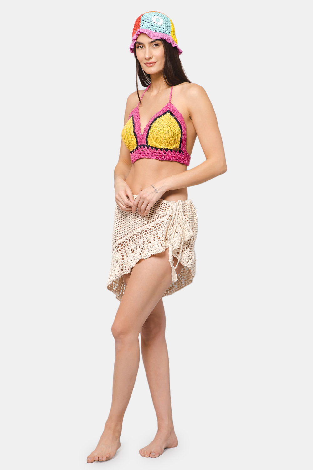 Handmade Crochet Halterneck Beachwear Lingerie-Yellow &Pink