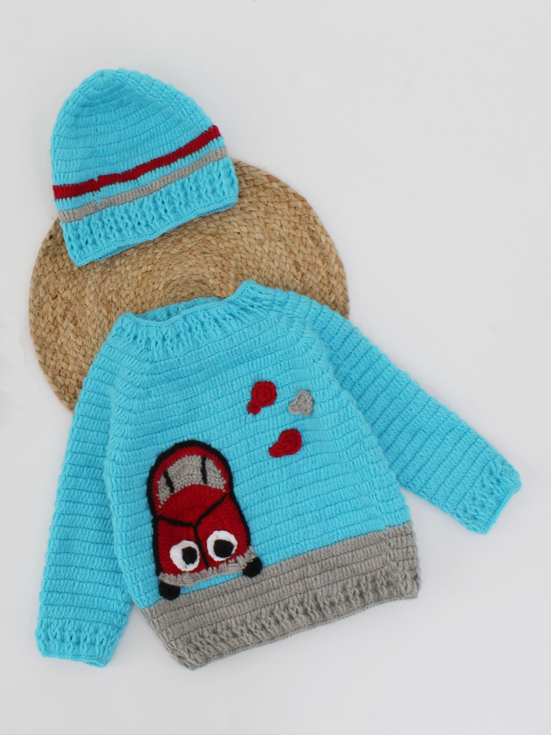 Crochet Car Design Full Sleeves Sweater With Cap - Blue