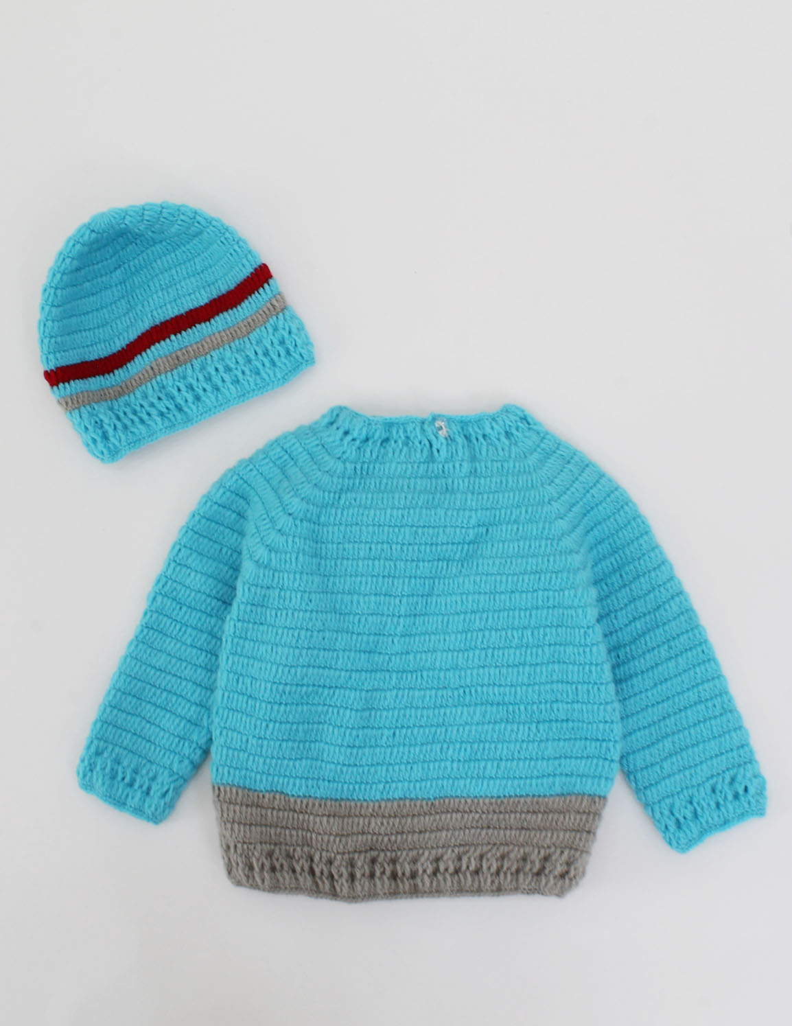 Crochet Car Design Full Sleeves Sweater With Cap - Blue