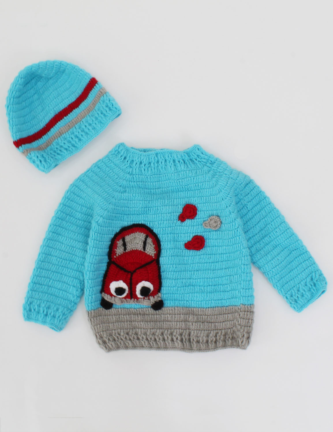 Crochet Car Design Full Sleeves Sweater With Cap - Blue