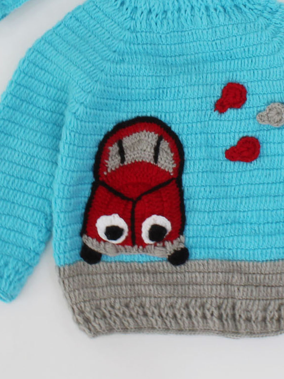 Crochet Car Design Full Sleeves Sweater With Cap - Blue