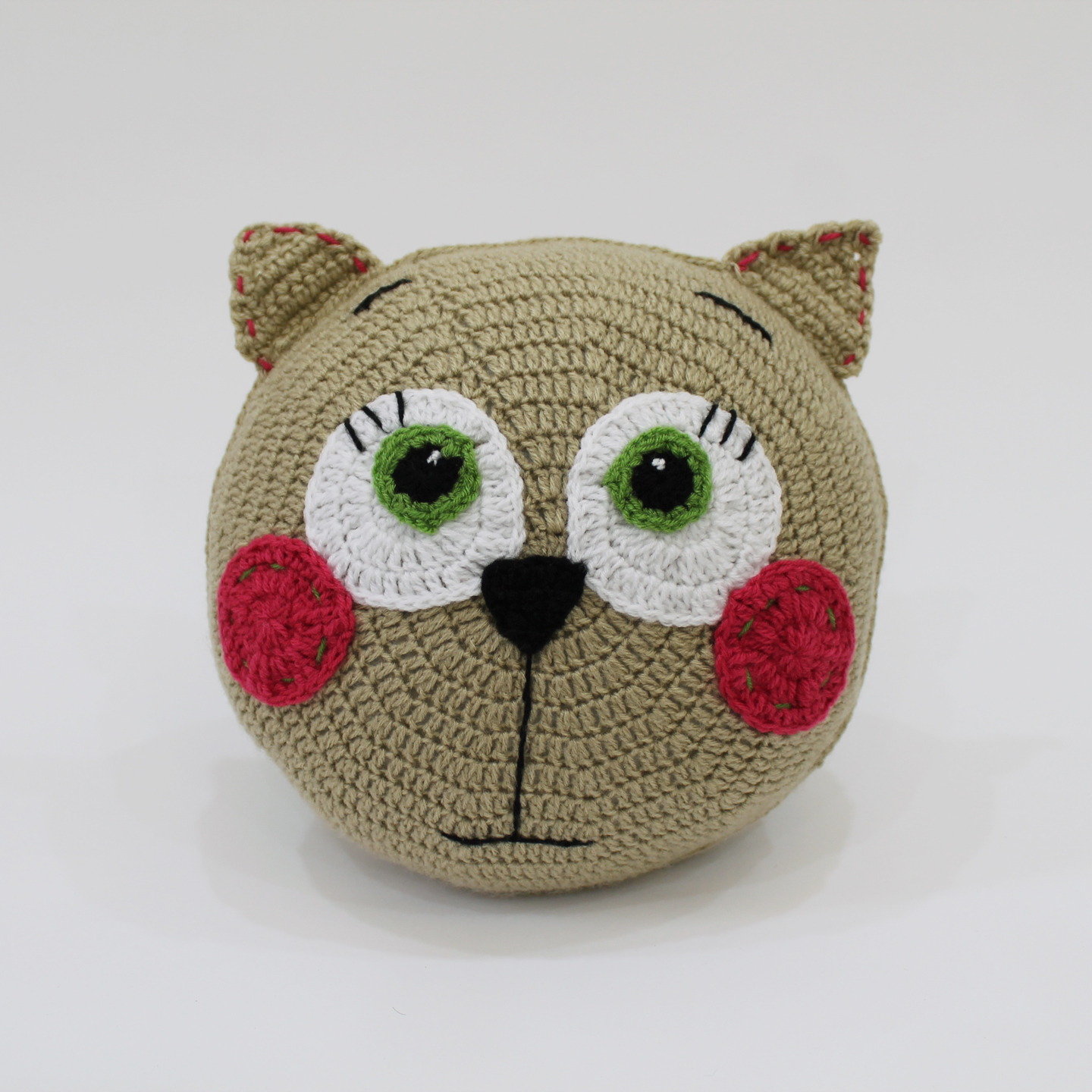 Crochet Cat Face Filled Cuddle Cushion For Infants - Beige