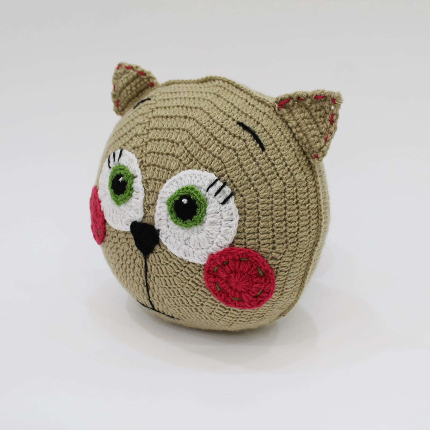 Crochet Cat Face Filled Cuddle Cushion For Infants - Beige