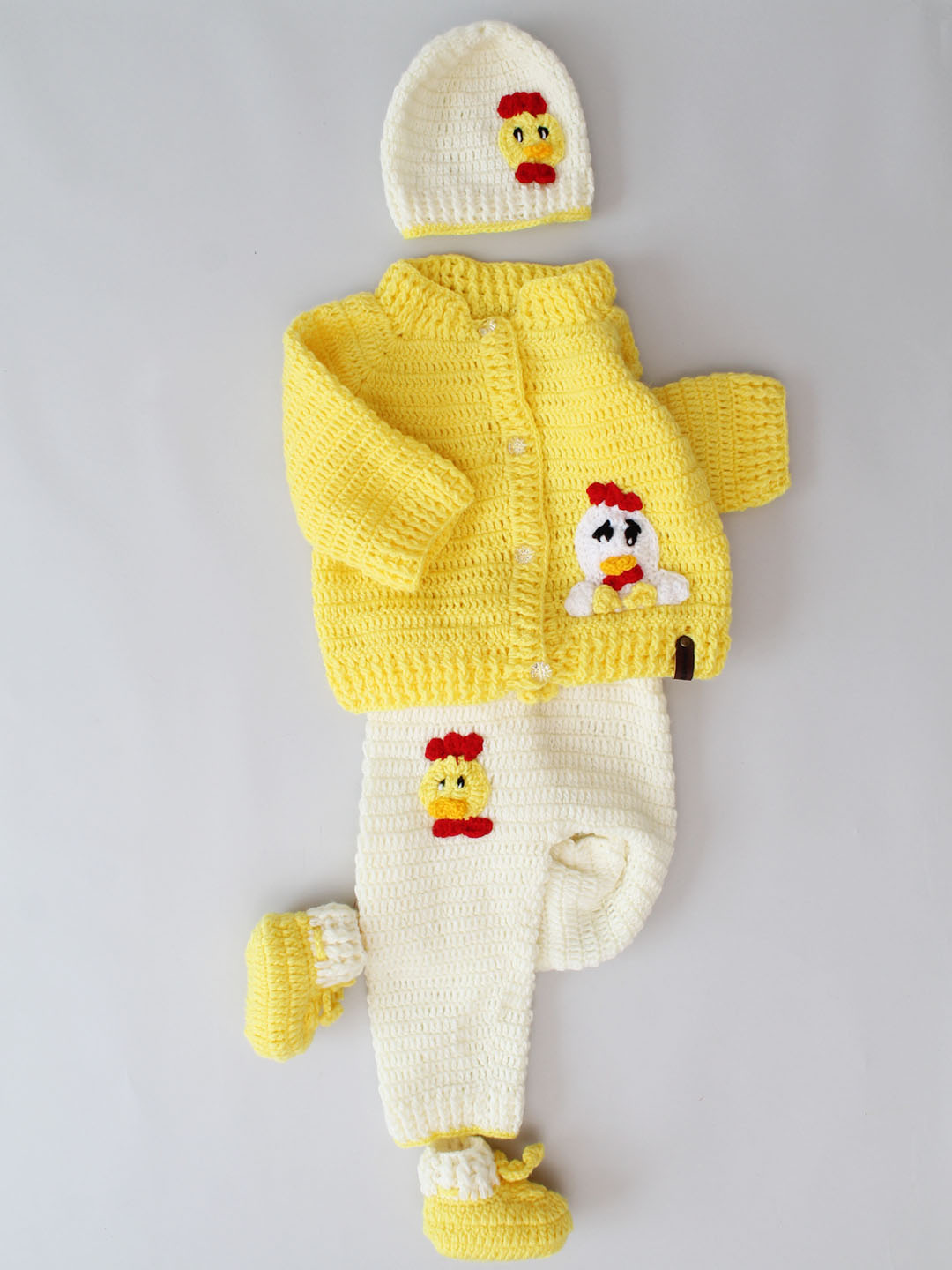 Crochet Chicken Applique Sweater with Matching Pants - Cream