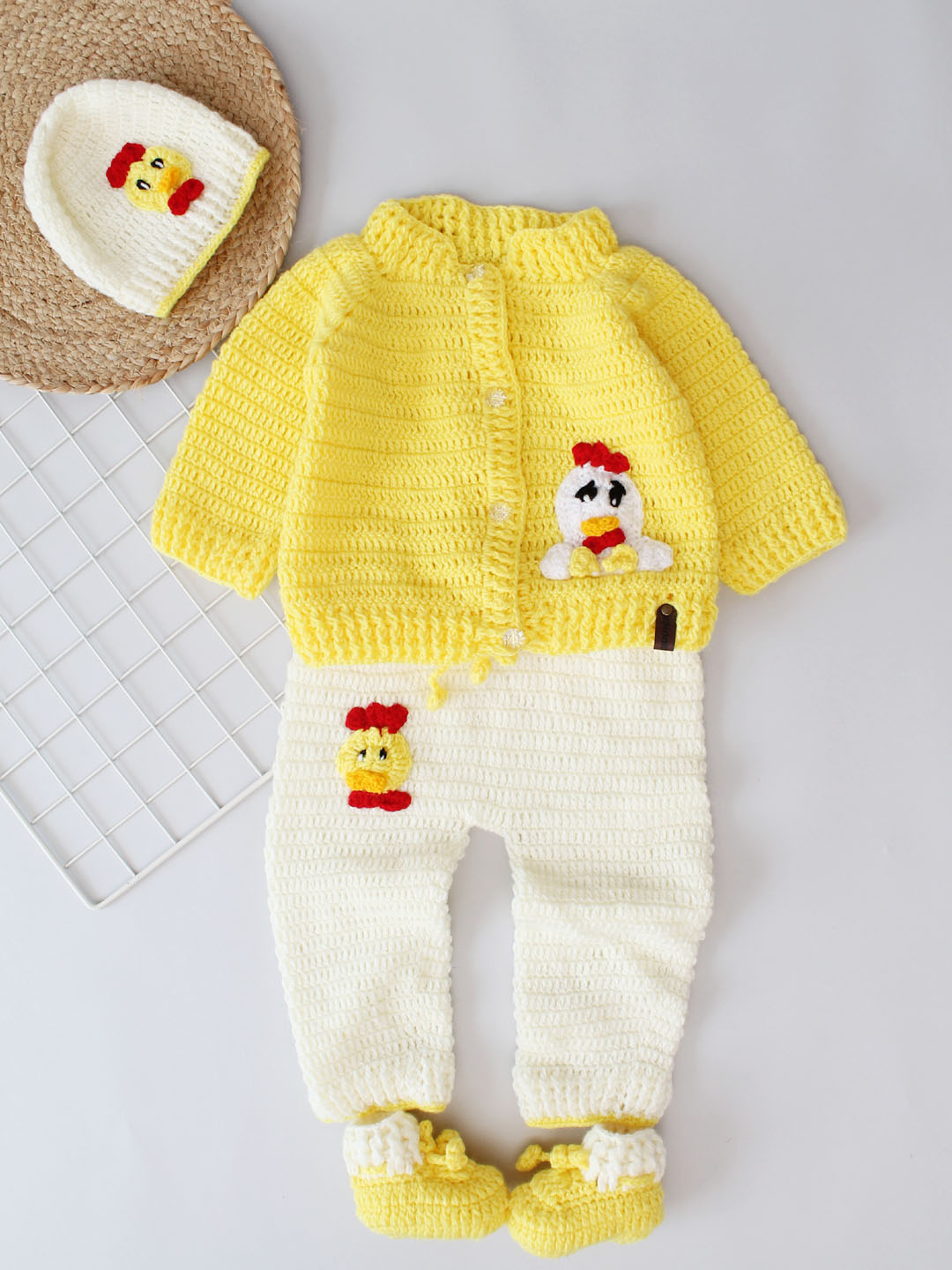 Crochet Chicken Applique Sweater with Matching Pants - Cream